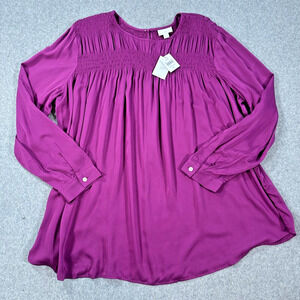 J. Jill Purple Smocked A-Line Blouse Women's XL Purple Satin Long Sleeve New